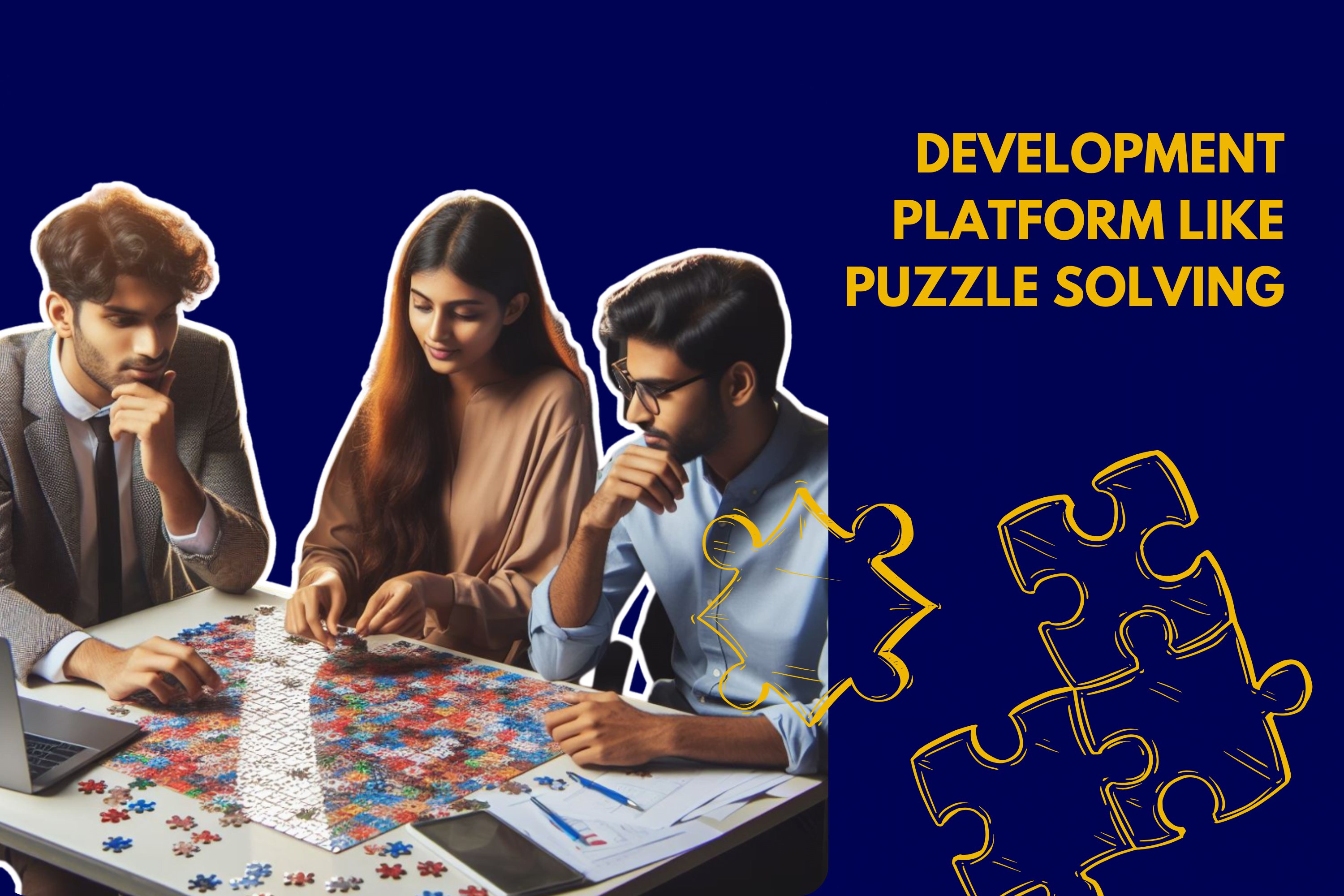Developers playing puzzle which is now very similar to any app development using No code development platform or low code development platform.