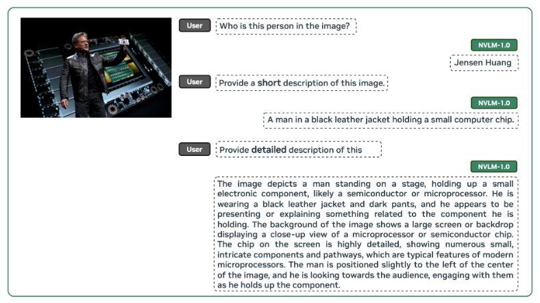 in the image NVLM is being asked about the image of Jensen Huang and the Nvidia Artificial  Intelligence is answering the name properly, meaning the ai is able to read images. 