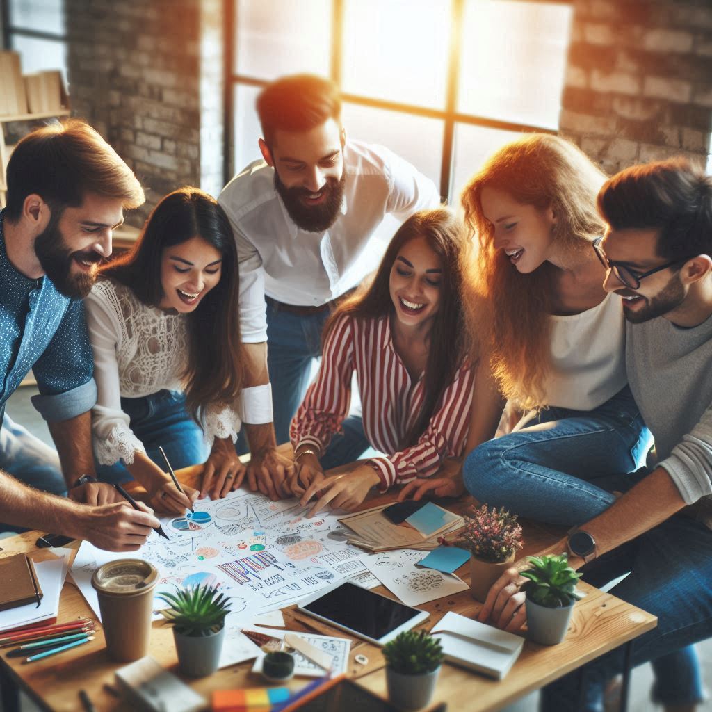 A group of diverse people collaborating or learning together in a modern, informal setting. This could be a workshop, a brainstorming session, or people connecting at a conference. The image should be energetic and positive, highlighting community, learning, and shared growth. This represents the "Building Your Tribe" and "Skillset Refresh" aspects of Section 4, marketing approaches in marketing strategy