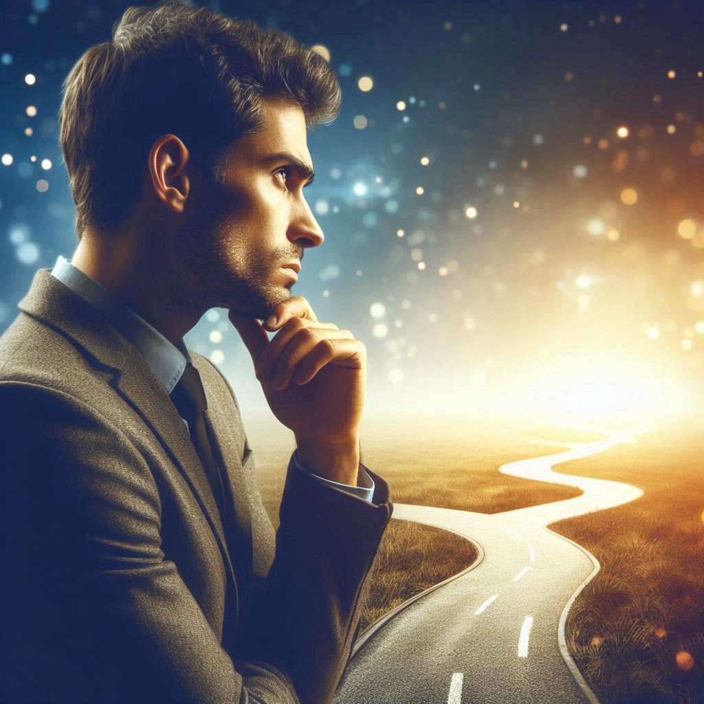 A person looking thoughtfully at a branching path or a crossroads. The image should evoke a sense of reflection, decision-making, and potentially feeling unsure of which path to take. It represents the "plateau effect" and the need for "strategic self-assessment" discussed in Section 2 and Section 3, marketing concepts. The person shouldn't look defeated, but rather contemplative and ready to make a decision.